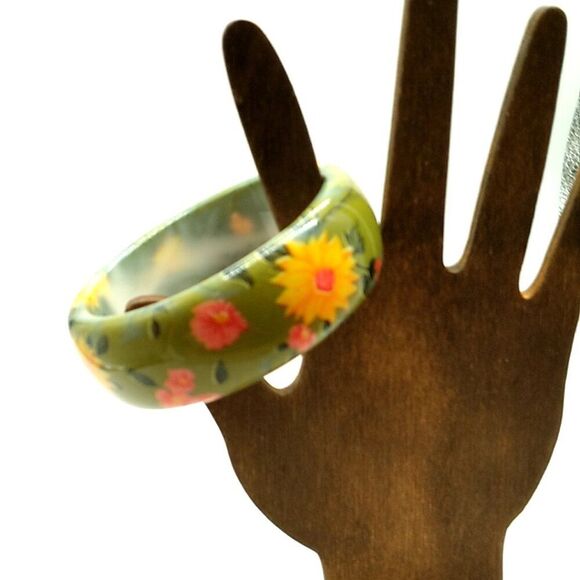Vintage Chunky Green Orange Red Floral Bangle Bracelet 1" Wide - Picture 2 of 9